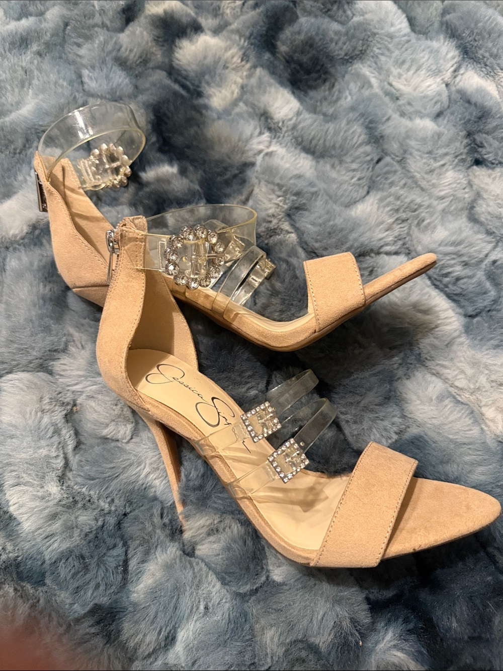 Jessica Simpson Nude Suede Heeled Sandals with Clear Straps and Crystal Buckles